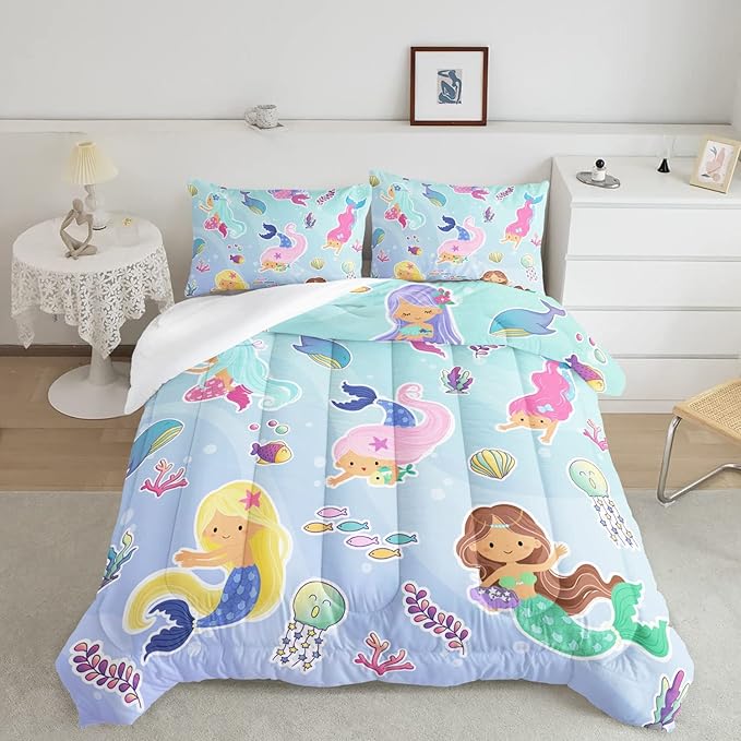 Datura home Girls Mermaid Comforter Set for Girls Women,Kawaii Mermaid Girls Play with Fish Printed Pattern Blue Kawaii Bedding Set with 2 Pillowcases(Girls Twin)