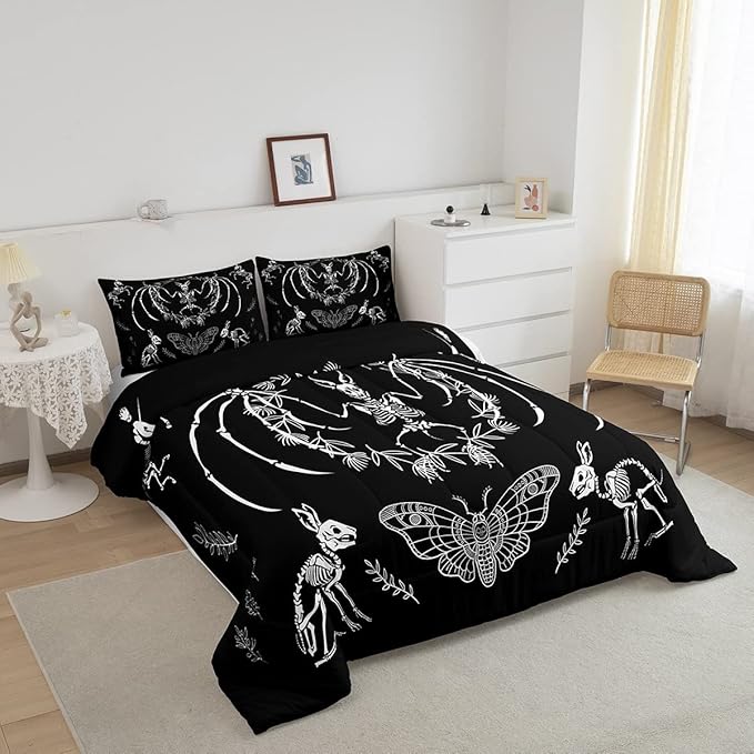 Feelyou Skull Comforter Set Bat Skeleton Comforter Boho Moth Gothic Skull Bedding Set for Kids Boys Girls Adults Halloween Themed Duvet Set Soft Horror Room Decor King Size Quilt Boys