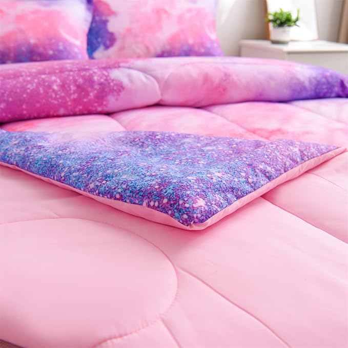 A Nice Night Galaxy Bedding Sets Outer Space Comforter 3D Printed Space Quilt Set Twin Size Glitter Pink Color,for Children Boy Girl Teen Kids