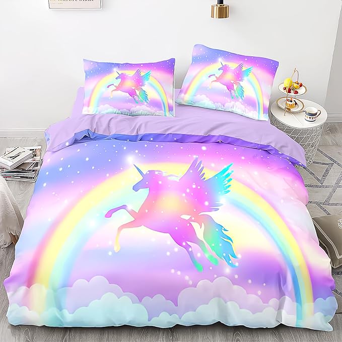 Kids Comforter Bedding Set 3 Pieces Super Soft Breathable Print Kids Bedding Sets for Girls, Machine Washable Durable Comforter Set with Comforter, 2 Pillowcases Rainbow(Twin, Purple Unicorn)