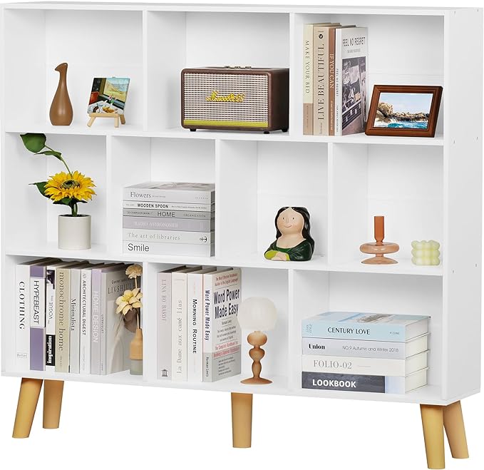 YAHARBO 10 Cube White Bookshelf,3 Tier Book Shelf with Legs,Modern Minimalist Bookcase,Open Book Shelves Storage Organizer,Frees Standing Wooden Display Bookcases for Small Space,Bedroom,Living Room
