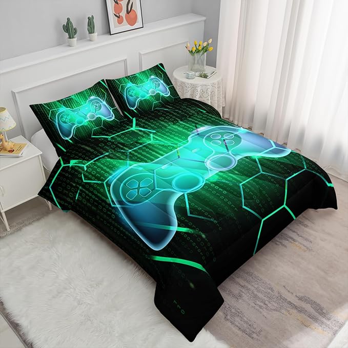 Axolotl Gamepad Comforter Set Queen Size,Number Video Gaming Gamer Bedding Set,Boys Game Console Comforter Set,Geometry Hexagonal Bedding Set for Teens Men Adults,1 Quilt 2 Pillowcases,Green Black