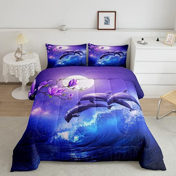 Erosebridal Dolphin Ocean Comforter Set Queen,Coastal Stars Moon Galaxy Bedding Set Cherry Blossoms Sky Starry Comforter for Girls Teen Women Sea Animal Quilted Duvet Purple Blue 2 Pillow Cases