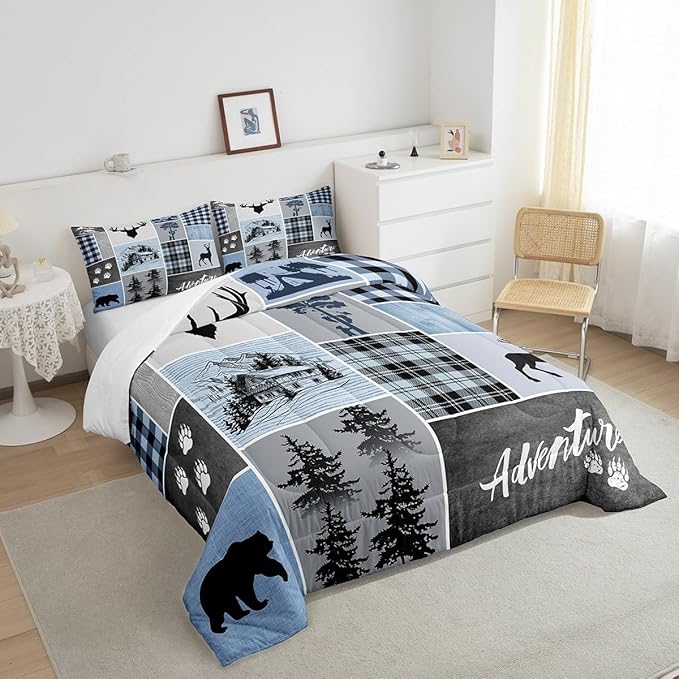 Manfei Deer Antler Comforter Set Twin Size,Bear Paws Rustic Farmhouse Xmas Bedding Set for Kids Boys Girls Adults Room Decor,Plaids Patchwork Adventure Down Comforter,Blue Duvet Insert,1 Pillowcase