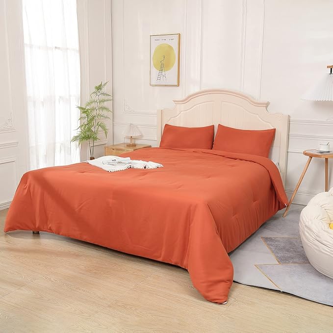 Terracotta Comforter for Queen Size Bed, Full Aesthetic Modern Burnt Orange Bedding Set for Women, Cute Soft & Lightweight Chic Microfiber Bed Sets, 3 pcs-1 Comforter & 2 Pillowcases (90“x90”)