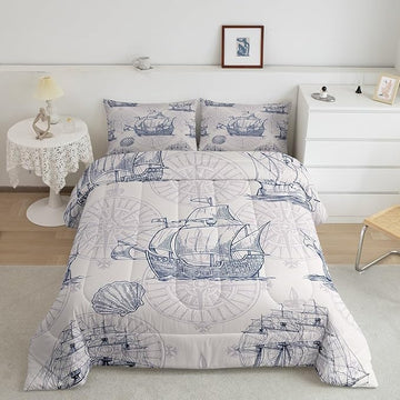 Nautical Comforter Set Sailboat Down Comforter Full,Blue White Vintage Style Quilted Duvet Set Luxury Anchor Crab Pattern Bedding Insert Set for Kids, Adult Teen Boys Girls Bedroom Ocean Beach Decor