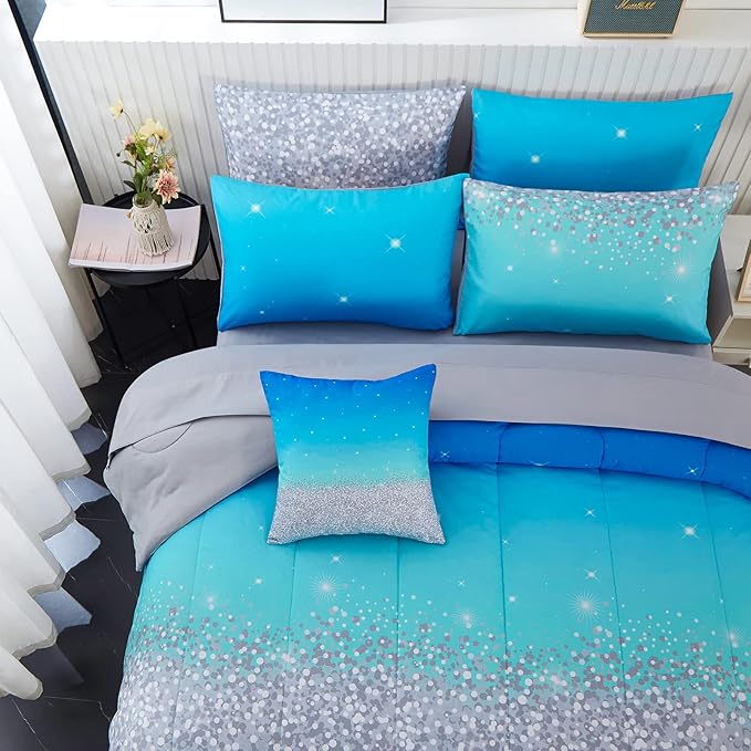 inron Aqua Glitter Comforter Sets for Girls Women,Full Size 5-Pieces Bed in a Bag Ultra Soft Microfiber Comforter and Sheet Sets, All Season Durable Bedding Set(Aqua,Full)
