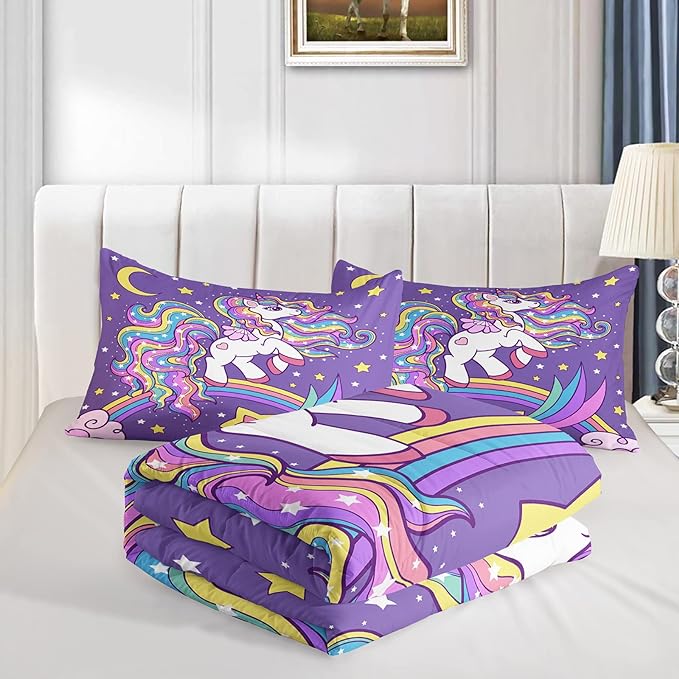 Unicorn Comforter Queen Size,Rainbow Unicorn Comforter Set for Kids Teens Girls,3Pcs Bedding Set Printed Comforter with 2 Pillowcases,Down Alternative,Soft and Lightweight(Purple，Queen Size)