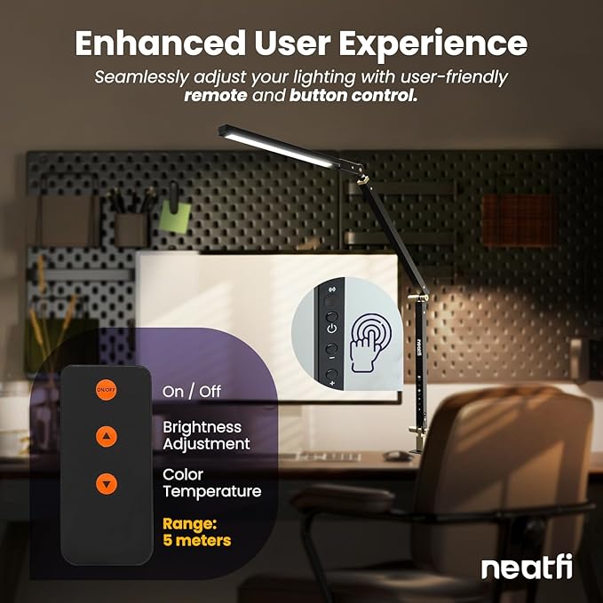 Neatfi LED Desk Lamp with Clamp, Touch & Remote Controlled, Stepless Dimming, 3 Color Modes, 3000-6000K, Detachable Shade, Flicker-Free, 360° Rotation, Wide Angle Lighting (Modern, Black)