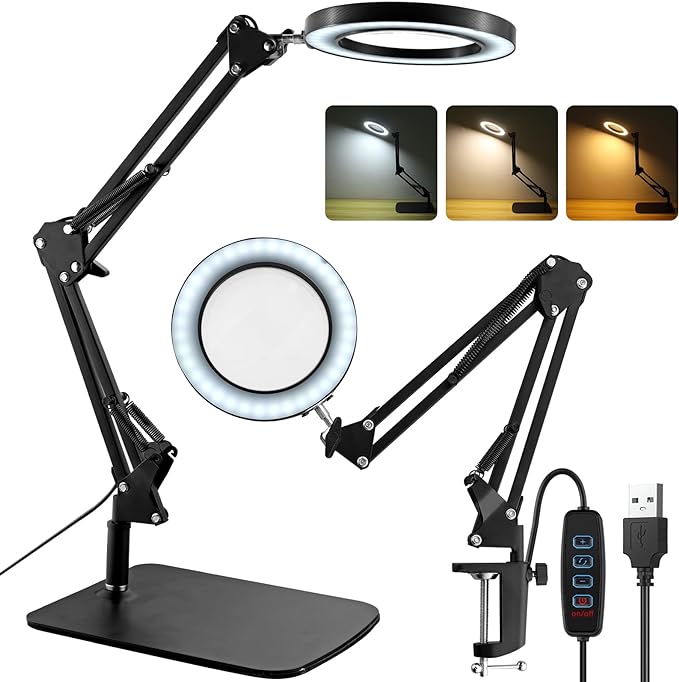 8X Magnifying Glass with Light and Stand, 2-in-1 Lighted Magnifier with Clamp,3 Color Modes Dimmable 10 Brightness Levels LED Desk Magnifying Lamp Hands Free for Crafts Hobby Reading Close Work