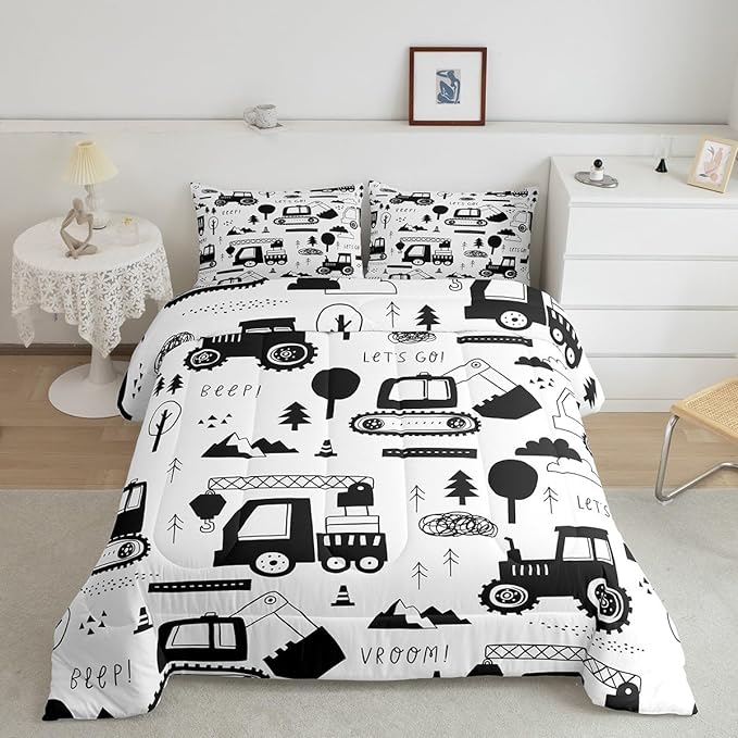 Feelyou Construction Bedding Set Queen Size Equipment Trucks Comforter Set for Kids Boys Girls Decor Cartoon Car Excavator Tractor Comforter Black White Duvet Set Bedroom Quilt Set