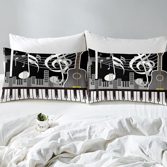 Erosebridal Paino Keys Bedding Set King Size Musical Notes Comforter Set Guitar Rock Music Bedding Comforter for Kids Boys Teens Men Retro Black White Grey Down Comforter Bedroom Decor 3 Piece