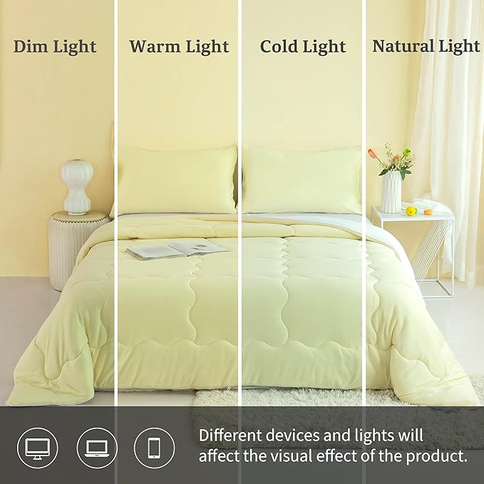 COTTEBED Reversible Queen Sized Bedding Comforter Sets - Cute Jersey Knit T-Shirt Feel Dual-Sided Full Down Comforters - Ultra-Soft Lightweight Quilt & 2 Pillow Shams All Season Use (Yellow and White)