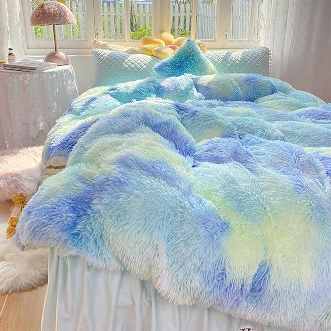Faux Fur Kids Girls Green Rainbow Comforter Sets Twin/Full - 3PC Bed Set Warm Comfortable Soft Plush Flannel Velvet Fluffy Fuzzy Bedding（Comforter x 1 Pillowcases x 2）