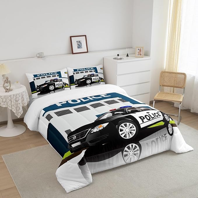 Children Police Car Down Comforter, 3D Car Pattern Comforter Set Queen Size for Kids Boys Girls Teens Bedroom, Cartoon Automobile Quilted Duvet, Decorative 3 Piece Bedding Set with 2 Pillow Cases
