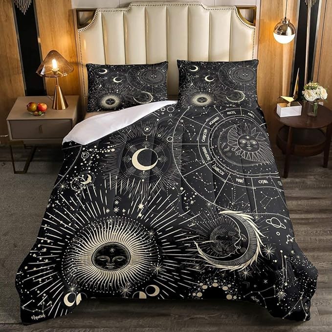 Erosebridal Bohemian Sun Moon Comforter Set, Constellation Down Comforter King Size, Starry Sky Quilted Duvet, Exotic Style Black Room Decor Duvet Insert,Super Soft Breathable Bedding Set