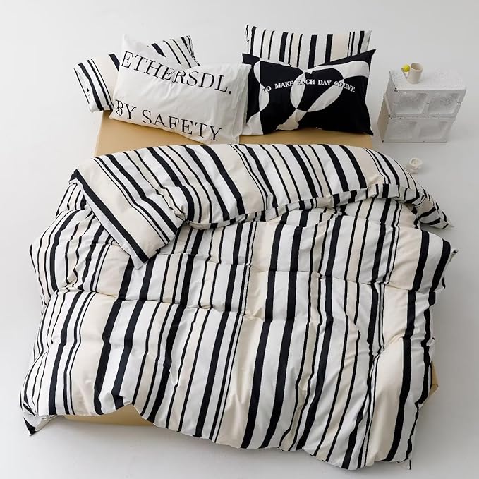 Striped Comforter Set Twin Black and White Comforter Men Women Modern Chic Stripes Bed Comforters Beige Black Striped Twin Ticking Bedding Comforter Set All Season Hotel Quality Bed Set