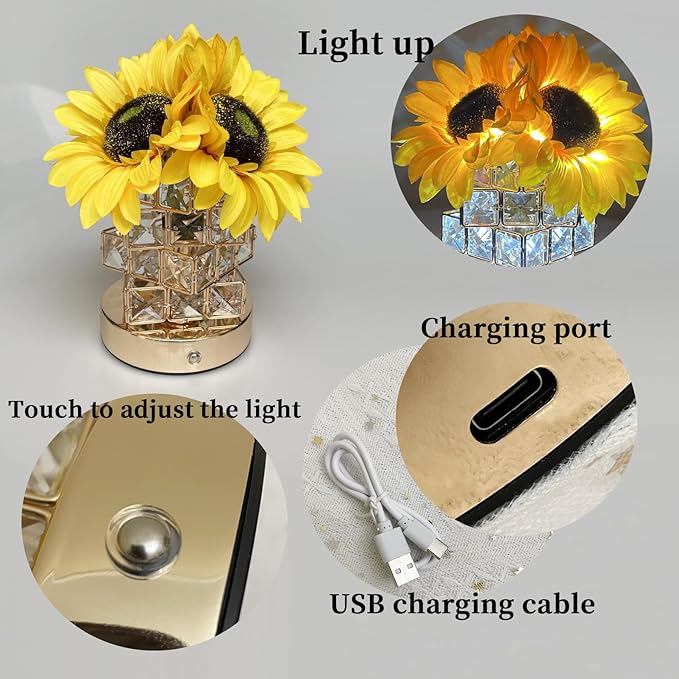 Sunflowers Lamp Touch Lam Artificial LED Sunflower Flowers with Glass Vase Table Lamp Night Light for Home Office Decor House Decorations Gift Idea - Rechargeable (Crystal Magic Cube Sunflower)