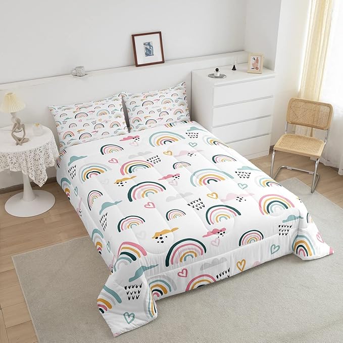 Erosebridal Rainbow Bedding Set for Kids Girls, Pink Love Heart Comforter Set Queen Size Cartoon Cloud Geometric Stripes Bedding Comforter for Boys Children Women Watercolor Art Girly Duvet Sets