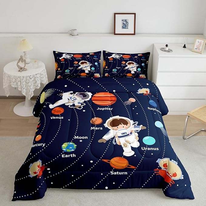 Feelyou Solar System Comforter Set Full Size Outer Space Comforter for Kids Teens Adults Universe Planets Bedding Set Cute Astronaut Blue Duvet Set Room Decor 3Pcs with 2 Pillow Case