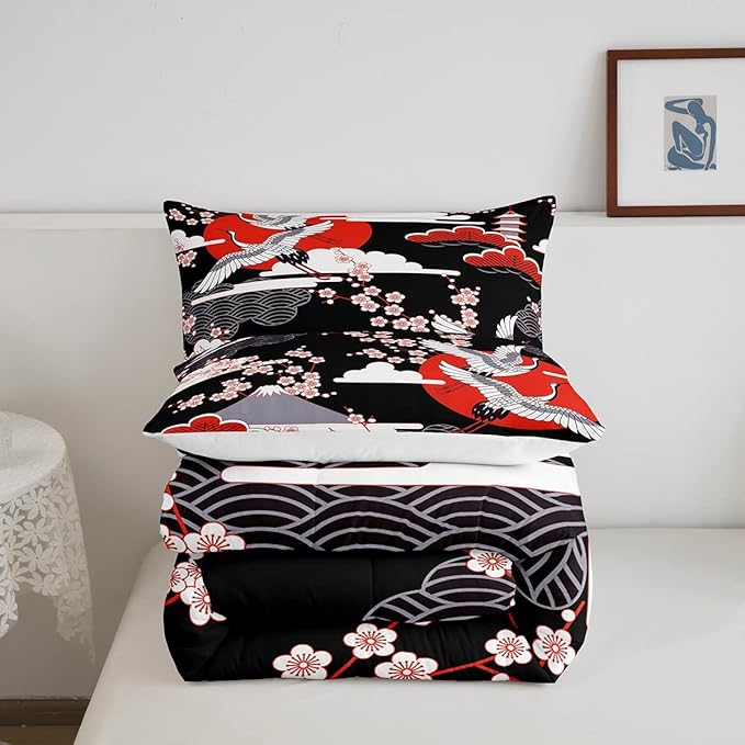Japanese-Style Comforter Set King Size Pink Cherry Blossoms Bedding for Boys Girls Women Soft Microfiber 3 Pieces Quilted Duvet Ukiyoe Theme Down Comforter Japanese Traditional Pattern Quilt