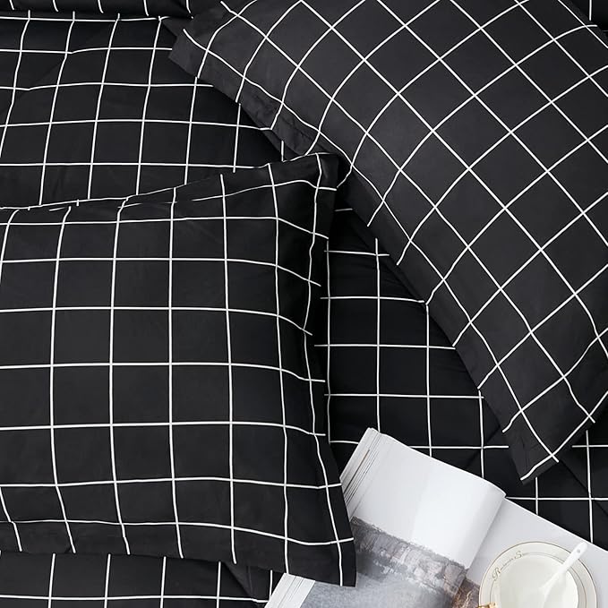 Andency Black Grid Comforter Set Full Size (79x90 Inch), 3 Pieces(1 Grid Comforter and 2 Pillowcases), Summer Lightweight Microfiber Down Alternative Black Comforter with White Lines