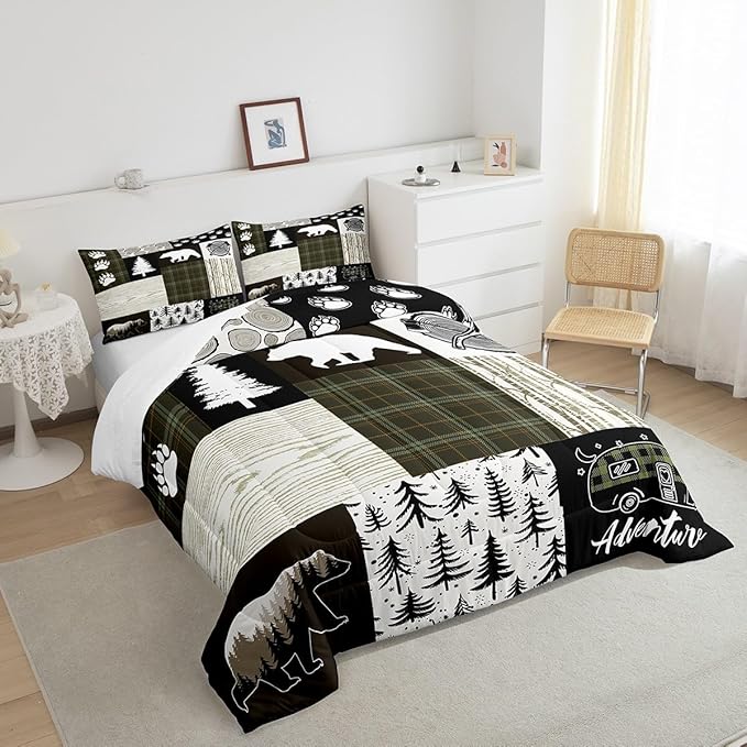 Bear Comforter Set Twin Size,Pine Trees Animals Hunting Bedding Set for Kids Boys Girls Adults Room Decor,Camping Adventure Rustic Farmhouse Down Comforter,Green Plaids Duvet Insert,1 Pillowcase