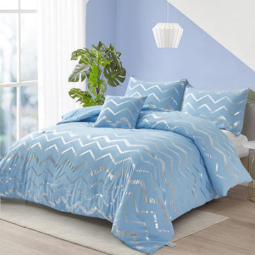 Blue/Silver Comforter Set Twin, Metallic Print Glitter Bedding Set Cute Shinny Bed Sets for Teen Girls Kids Women, 3 Piece (1 Pillowcase, 1 Decorative Pillow Sham)