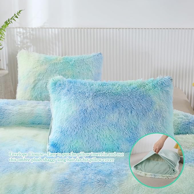WINLIFE Shaggy Bedding Comforter Set Faux Fur Flannel Furry Comforter Microfiber Long Hair Fluffy Plush Comforter Sets Gradient Ombre Blue Aqua Teal Bedding for Girls Adults (3Pcs, Queen, Mint Green)