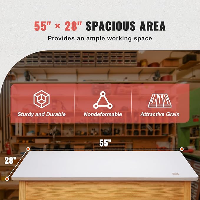 VEVOR One-Piece Particle Board Desktop Universal Tabletop, 55" D x 28" W x 1" H, White