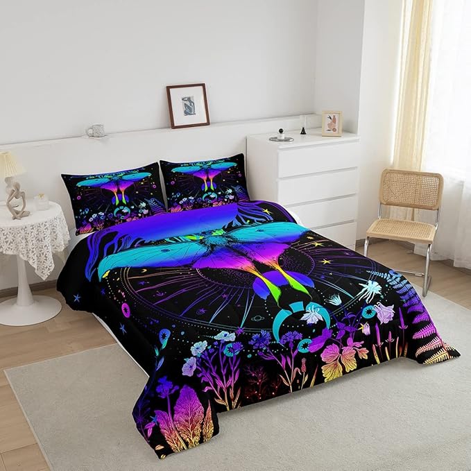 Erosebridal Moth Comforter Set Hippie Psychedelic Sun and Moon Bedding Set Twin,Purple Blue Ombre Galaxy Floral Botanical Comforter for Girls Teens Women Stars Planet Quilt Duvet 1 Pillowcase