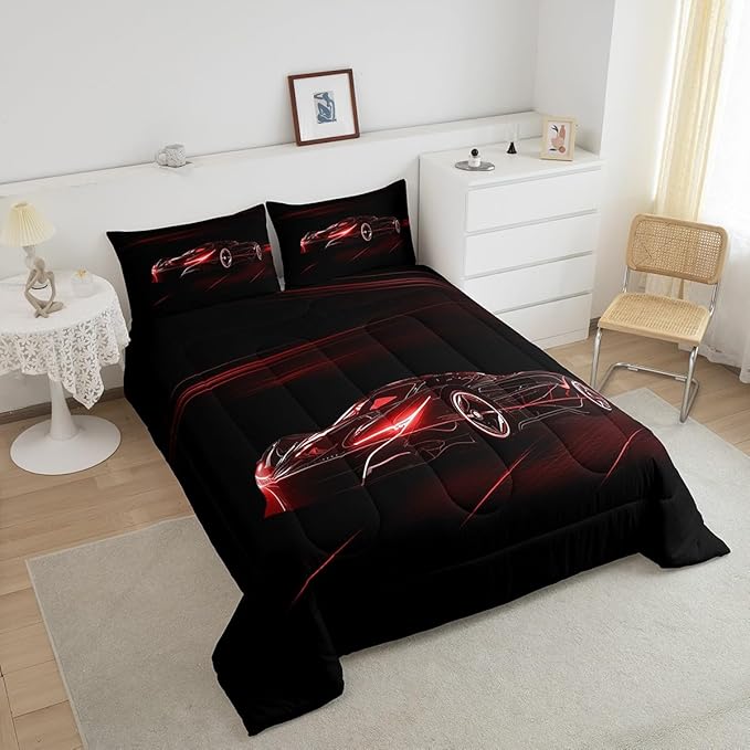 Feelyou Red Race Car Bedding Set Queen Size for Kids Boys Extreme Sport Games Comforter Set Teens Toddler Fast and Furious Duvet Set Cool Modern Quilt Set 3Pcs