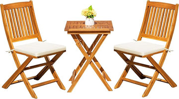 Greesum 3 Piece Patio Folding Furniture Bistro Set with 2 cushions for Pool Beach Backyard Balcony Porch Deck Garden, Acacia Wood