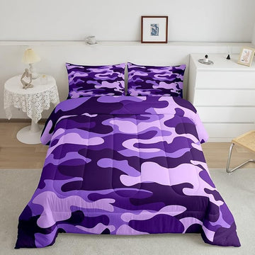 Feelyou Twin Size Camouflage Comforter Set 3Pcs Kids Bedding Set for Boys Girls Teens 1 Comforter & 2 Pillowcases(Twin,Purple)