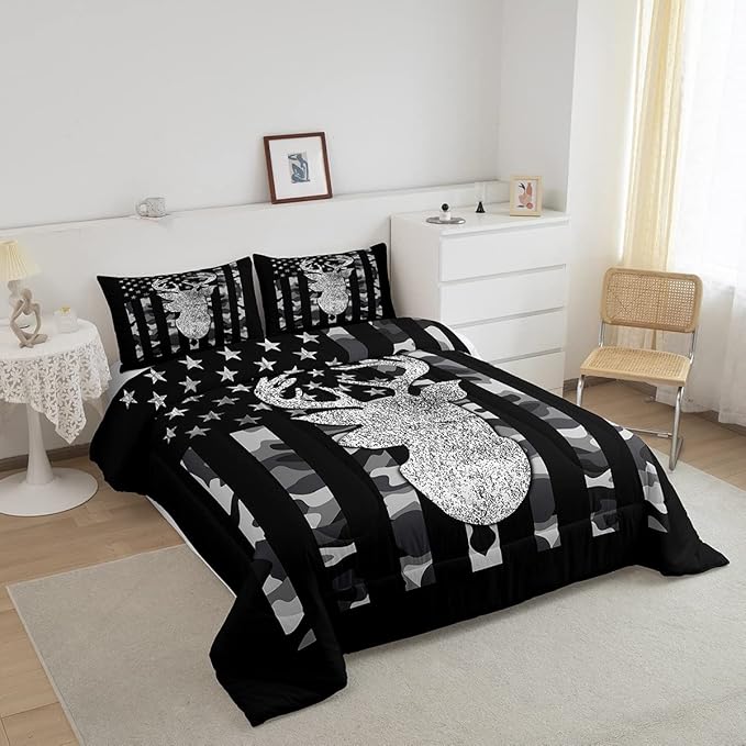 American Flag Bedding Set Deer Camo Comforter Set King for Kids Boys Teen Man,Western Rustic Black Grey Military Camouflage Bedding Comforters Hunting Deer Antlers Quilt Duvet for All Season 3 Pcs
