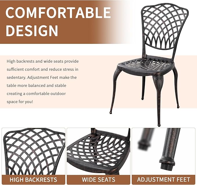 Bronze Patio Bistro Set - 3 Piece Outdoor Cast Aluminum Furniture, Large Table & Chairs, Weather Resistant, Adjustable Foot Pads, Umbrella Hole
