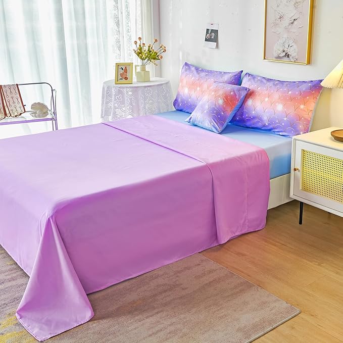 PERFEMET Purple Mermaid Twin Comforter Set for Girls, 6 Pieces Colorful Rainbow Twin Bedding Sets, Tie Dye Ombre Glitter Bed in A Bag Comforter Set with Sheets