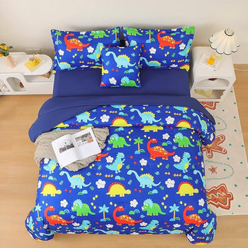 Dinosaur Comforter Set for Boys, 6 Pcs Bed in a Bag Twin Blue Dinosaur Wild Park Jungle Print Kids Bedding Set with Sheets