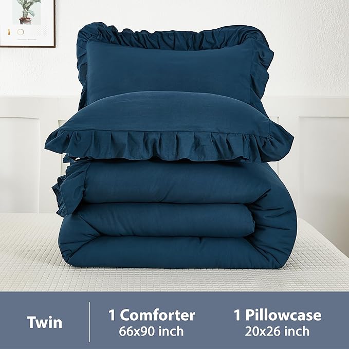 Andency Navy Blue Comforter Twin Size, 2 Pieces Kids Bed Comforter Set, Solid Ruffle Shabby Chic Farmhouse Comforter, Lightweight Soft Down Alternative Microfiber Bedding Set