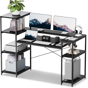 63-Inch Home Office Desk with Storage Shelves, Gaming Computer Desk with Monitor Stand and Printer Shelf for Study, Writing, PC Work
