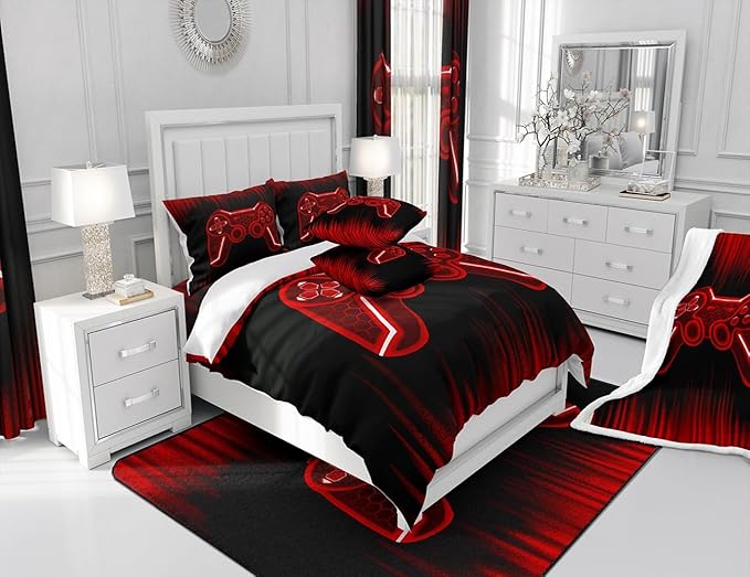 Feelyou Gamer Comforter Set King Size Kids Game Controller Comforter for Boys Teens Red Black Bedding Set Gaming Duvet Set Room Decor Quilt Set