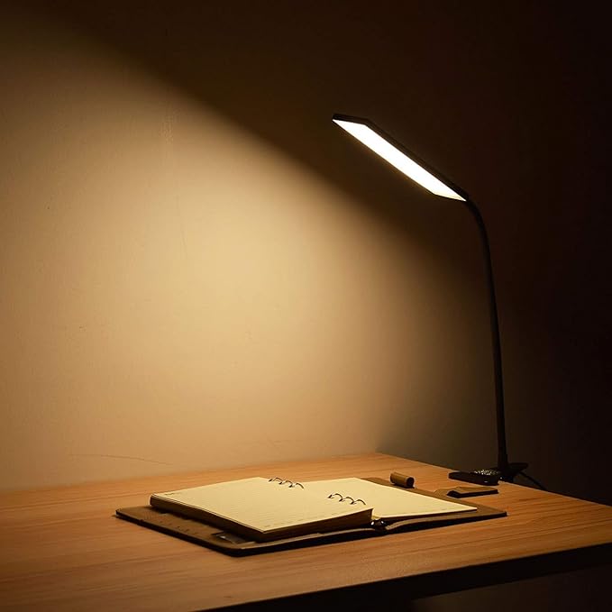 LED Desk Lamp Dimmable Eye-Care Reading Light Office Light Adjustable 3 Color Modes,14 Brightness Levels, Gooseneck Flexible Clip-on Light for Studying, 5W-Black