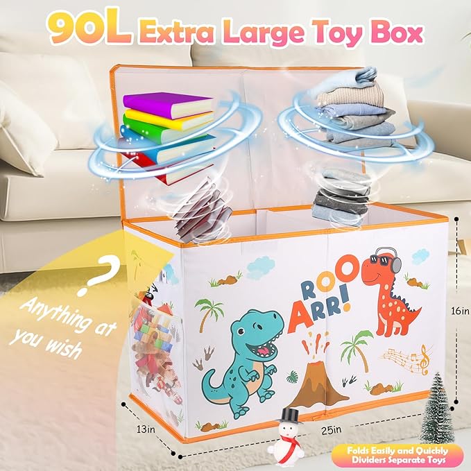 Large Toy Box Chest, Collapsible Sturdy Toy Storage Organizer for Kids, Boys, Girls, 25"x13"x16" Toy Chest Storage Bins with Lids Toy Bins Baskets Boxes for Living Room, Playroom, Nursery, White