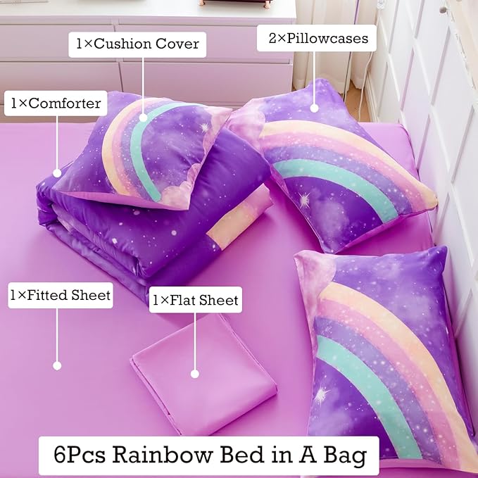 Purple Rainbow Girls Full Size Comforter Set, 6 Pieces Gradient Glitter Kids Bedding Sets, Galaxy Kids Bedroom Decor Bed in A Bag with Sheets for Girls Teens