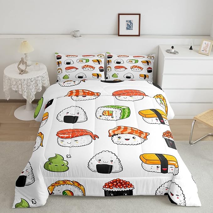 Sushi Pattern Comforter Set Japanese-Style Bedding Set for Kids Boys Girls Teens Food Theme Comforter Cute Cartoon Japanese Sushi Duvet Set Room Decor Quilt Set Twin Size Microfiber