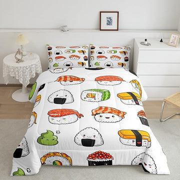 Sushi Pattern Comforter Set Japanese-Style Bedding Set for Kids Boys Girls Teens Food Theme Comforter Cute Cartoon Japanese Sushi Duvet Set Room Decor Quilt Set Queen Size Microfiber