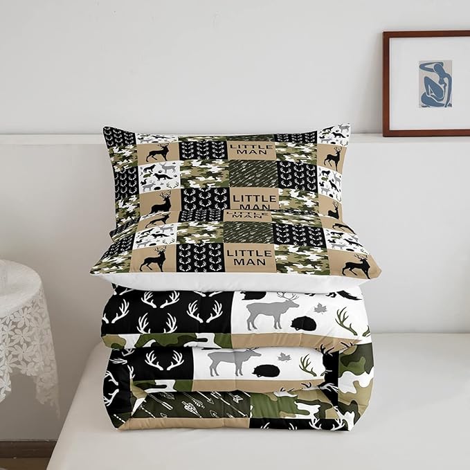 Manfei Deer Antlers Animals Silhouette Comforter Set Full,Camo Geometric Checks Bedding Set 3pcs for Kids Adults Room Decor,Nordic Boho Arrow Quilt Set,Vintage Green Duvet Insert with 2 Pillowcases