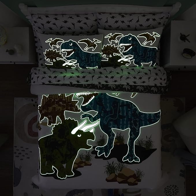 KALEIDOSPACE Gilrs Boys Full Size Bedding Set, 7 Piece Glow in The Dark Dinosaur Bed in A Bag-1 Comforter,2 Pillow Shams, 2 Pillowcases, 1 Flat Sheet, 1 Fitted Sheet