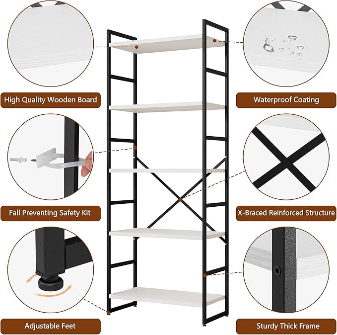 Shintenchi 5 Tiers Bookshelf, Classically Tall Bookcase Shelf,Industrial Book Rack,Modern Book Holder in Bedroom/Living Room/Office, Storage Rack Shelves for Books/Movies,11.8" Dx23.6 Wx62.2 H,White