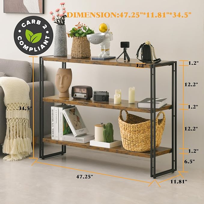 HCHQHS 3-Tier Rustic Wood and Metal Industrial Bookshelf for Home Office, Bedroom, Kitchen, Bathroom - 47in